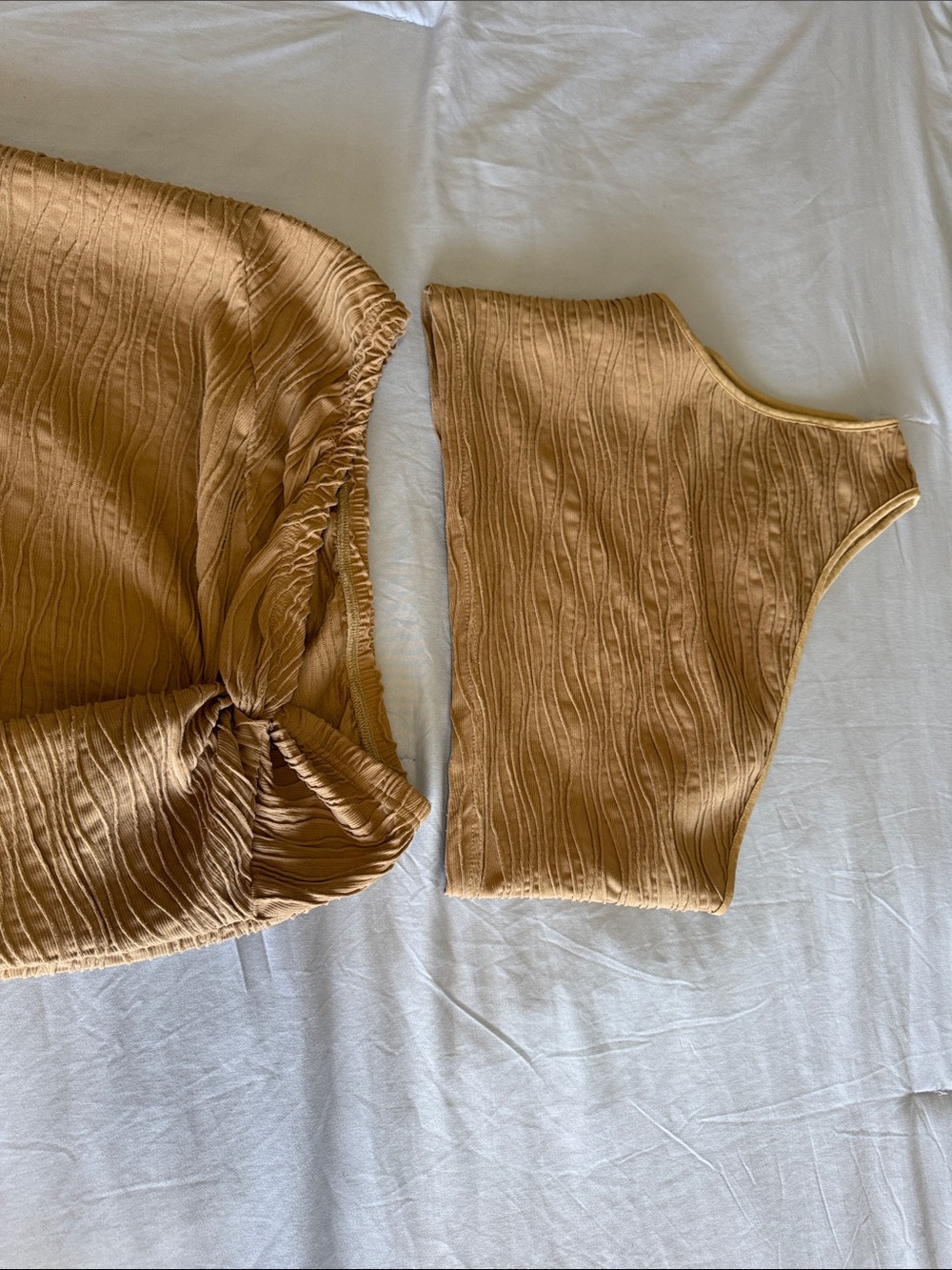 SHEIN Tan Textured One-Shoulder Crop Top & High-Low Wrap Skirt Set